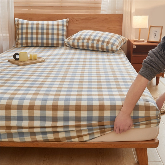 91家纺网 家纺一手货源 找家纺 喜居 2024新款A类色织纯棉水洗棉100%新疆棉全棉床笠 蓝芋格