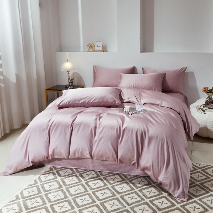 91家纺网 家纺一手货源 找家纺 晶缦家纺 2024新款全棉60支贡缎长绒棉纯色多规格四件套和单品-琅夕系列 四件套 琅夕-粉豆沙