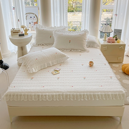 宜凡家纺 2024新款全棉夹棉绣花花边系列床笠三件套 玫瑰佳人 白