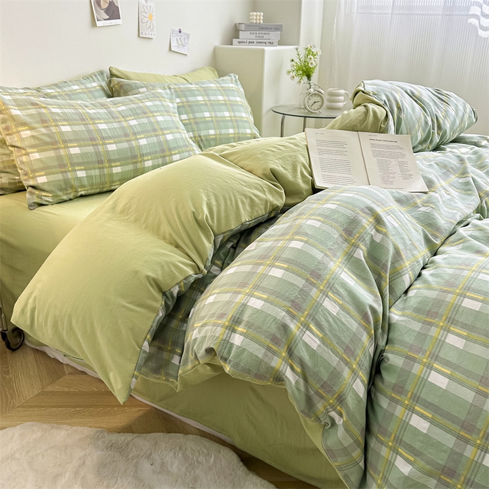 91家纺网 家纺一手货源 找家纺 古吉梦 2024新款水洗棉小清新印花格子系列四件套 G简兮-绿+果绿