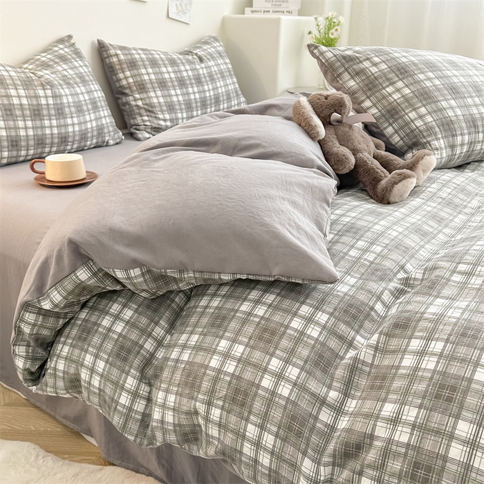 91家纺网 家纺一手货源 找家纺 古吉梦 2024新款水洗棉小清新印花格子系列四件套 G-可可灰+中灰