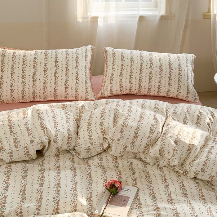 91家纺网 家纺一手货源 找家纺 洋铭区（原狠狠爱） 2024新款全棉双层纱四件套 桃粉小花