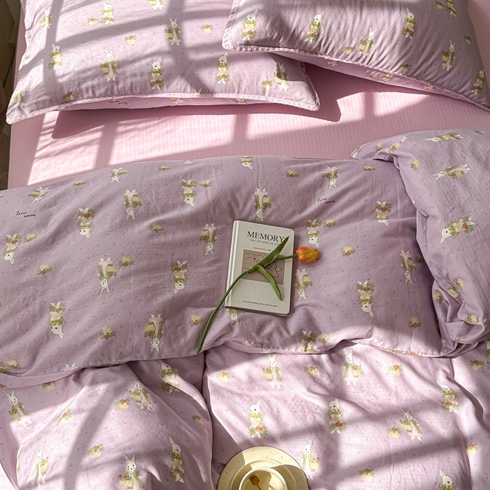 91家纺网 家纺一手货源 找家纺 洋铭区（原狠狠爱） 2024新款全棉双层纱四件套 花篮小兔