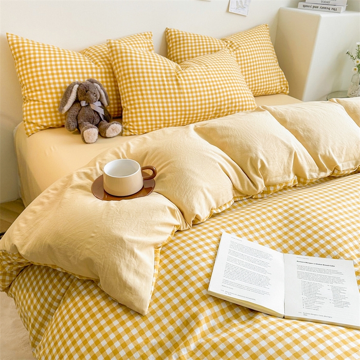 91家纺网 家纺一手货源 找家纺 古吉梦 2024新款水洗棉小清新印花格子系列四件套 G-柠檬小格+初黄