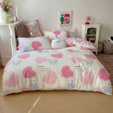 91家纺网 家纺一手货源 找家纺 桃喜 2024新款40支13372全棉卡通印花小清新四件套 爱心萌宠