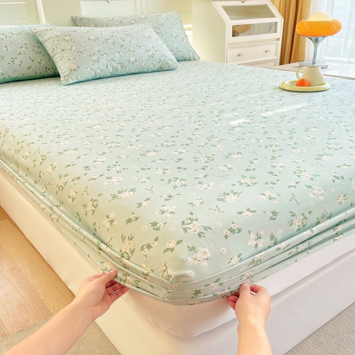 91家纺网 家纺一手货源 找家纺 洺兰家居 2025新款全棉喷气印花单床笠纯棉小清新花卉北欧风床套/枕套 夏茶