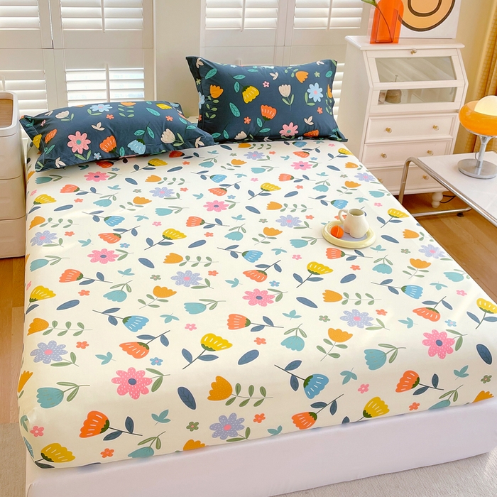 91家纺网 家纺一手货源 找家纺 洺兰家居 2025新款全棉喷气印花单床笠纯棉小清新花卉北欧风床套/枕套 洛洛繁花米