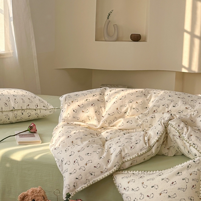 91家纺网 家纺一手货源 找家纺 洋铭区（原狠狠爱） 2024新款全棉双层纱四件套 奔跑小兔