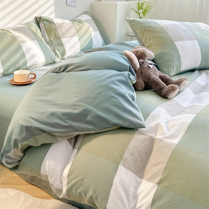 91家纺网 家纺一手货源 找家纺 古吉梦 2024新款水洗棉小清新印花格子系列四件套 G-绿白大格+薄荷绿