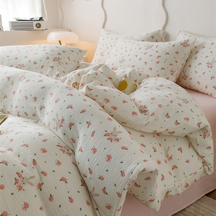 91家纺网 家纺一手货源 找家纺 （总）蜜柚 2024新款全棉双层皱皱纱四件套