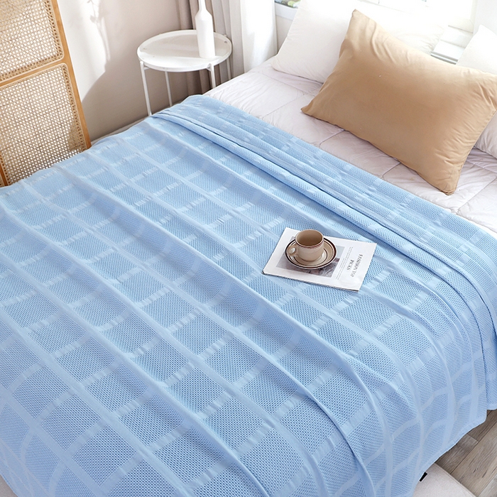 91家纺网 家纺一手货源 找家纺 朴尔家纺 2024新款全棉质朴方格风立体华夫格透气纱布毛巾被 方格华夫格-浅蓝