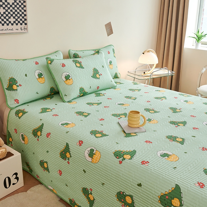 91家纺网 家纺一手货源 找家纺 莎果 2024新款正面纯棉绗缝床盖 恐龙宝宝