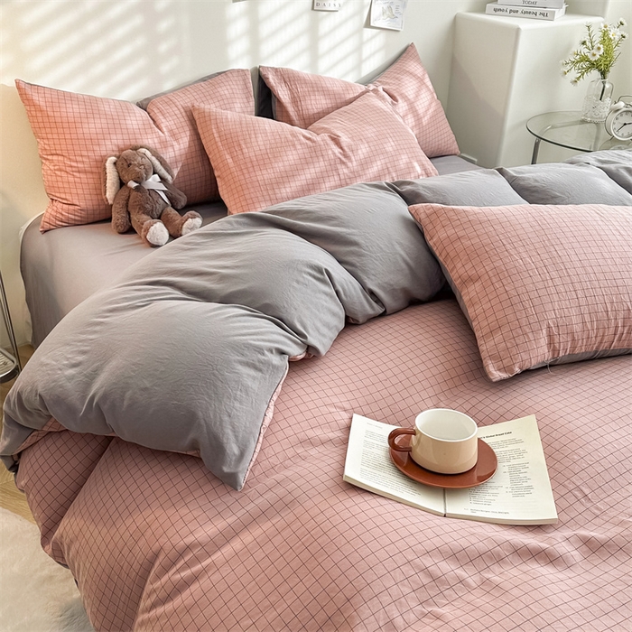 91家纺网 家纺一手货源 找家纺 （总）古吉梦 2024新款水洗棉小清新印花格子系列四件套