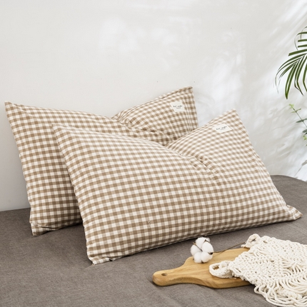 91家纺网 家纺一手货源 找家纺 大黄蜂家居家纺 2025新款日式纯棉水洗棉信封式枕套 浅咖小格