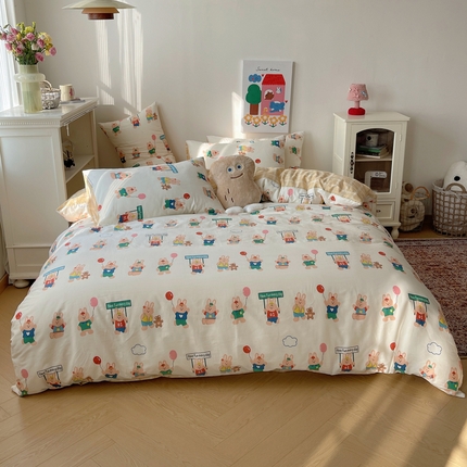 91家纺网 家纺一手货源 找家纺 桃喜 2024新款40支13372全棉卡通印花小清新四件套 气球小兔