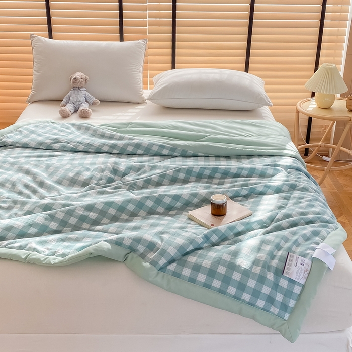 91家纺网 家纺一手货源 找家纺 梦恬佳2024新款无印风水洗棉夏被-绿小格