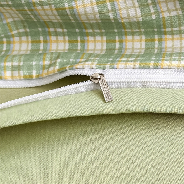 91家纺网 家纺一手货源 找家纺 古吉梦 2024新款水洗棉小清新印花格子系列四件套 G-清雅绿+果绿