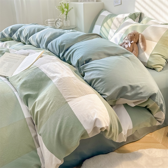 91家纺网 家纺一手货源 找家纺 古吉梦 2024新款水洗棉小清新印花格子系列四件套 G-绿白大格+薄荷绿