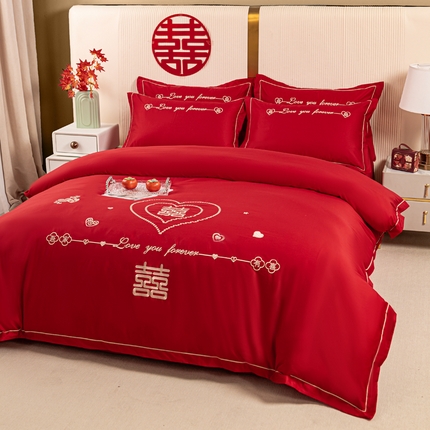 91家纺网 家纺一手货源 找家纺 （总）银石 2024新款60新疆长绒棉大红婚庆绣花四件套