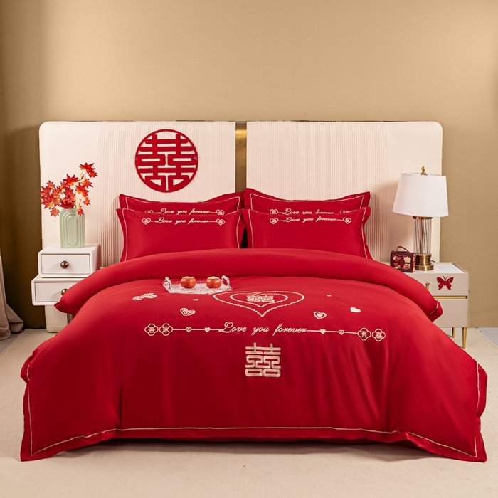 91家纺网 家纺一手货源 找家纺 银石 2024新款60新疆长绒棉大红婚庆绣花四件套 心心相印