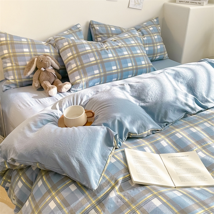 91家纺网 家纺一手货源 找家纺 古吉梦 2024新款水洗棉小清新印花格子系列四件套 G-简兮-蓝+海青