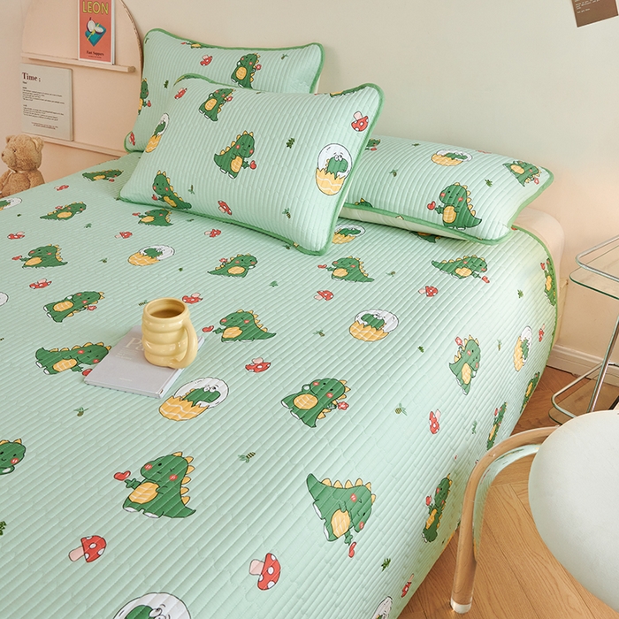 91家纺网 家纺一手货源 找家纺 莎果 2024新款正面纯棉绗缝床盖 恐龙宝宝
