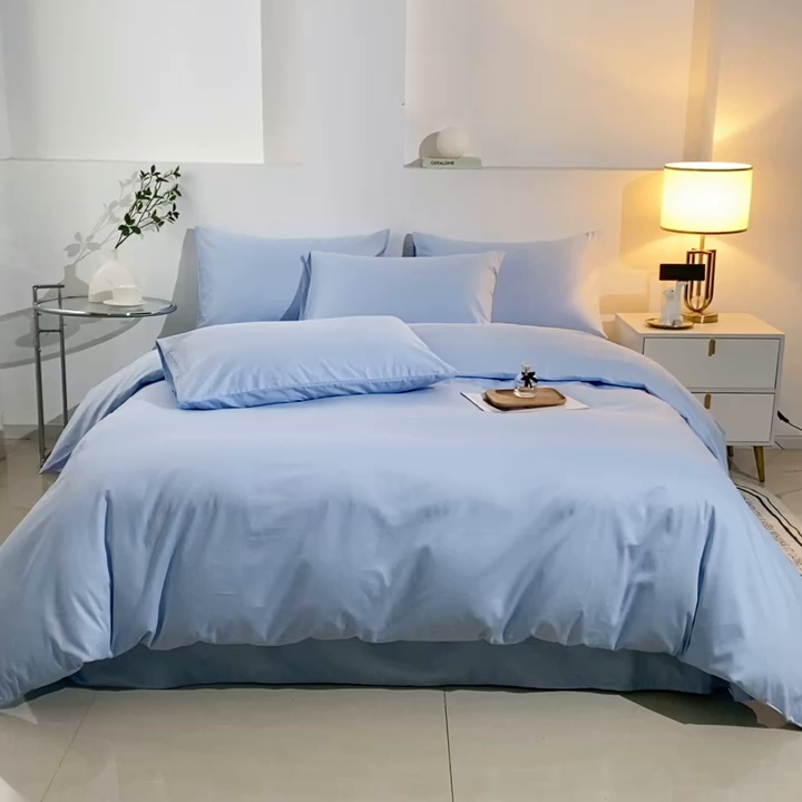 91家纺网 家纺一手货源 找家纺 晶缦家纺 2024新款喷气全棉13376纯棉斜纹纯色多规格四件套和单品-沐色系列 单被套 沐色-天蓝