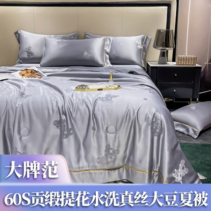 91家纺网 家纺一手货源 找家纺 经年 2025新款潮流熊60S贡缎提花水洗真丝大豆夏被  潮流熊-石灰