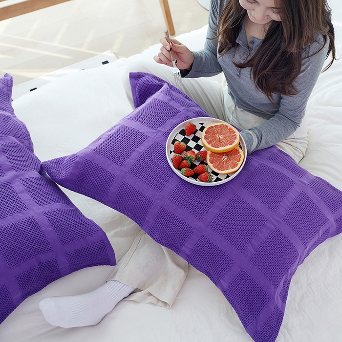 91家纺网 家纺一手货源 找家纺 朴尔家纺 2024新款全棉质朴方格风立体华夫格透气纱布枕巾/对 方格华夫格-紫枕巾