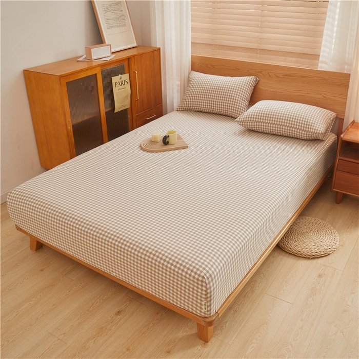 91家纺网 家纺一手货源 找家纺 喜居 2024新款A类色织纯棉水洗棉100%新疆棉全棉床笠 咖小格