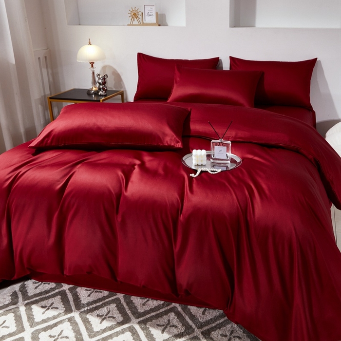 91家纺网 家纺一手货源 找家纺 晶缦家纺 2025新款全棉60支贡缎长绒棉纯色多规格四件套和单品-琅夕系列 四件套 琅夕-酒红色