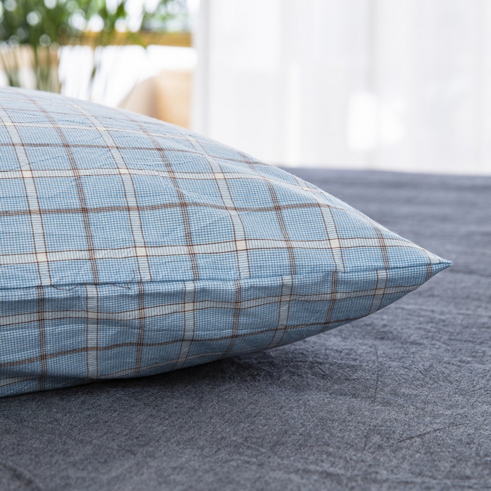 91家纺网 家纺一手货源 找家纺 大黄蜂家居家纺 2025新款日式纯棉水洗棉信封式枕套 千禧格蓝