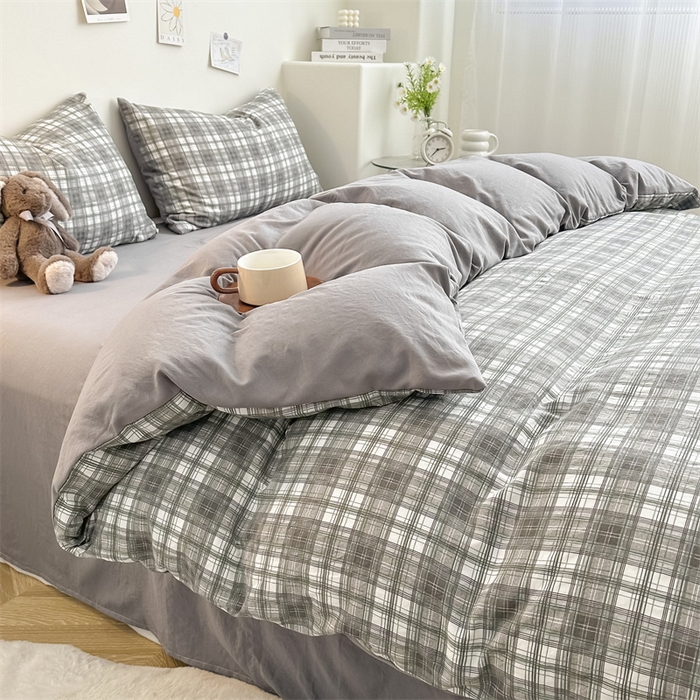 91家纺网 家纺一手货源 找家纺 古吉梦 2024新款水洗棉小清新印花格子系列四件套 G-可可灰+中灰