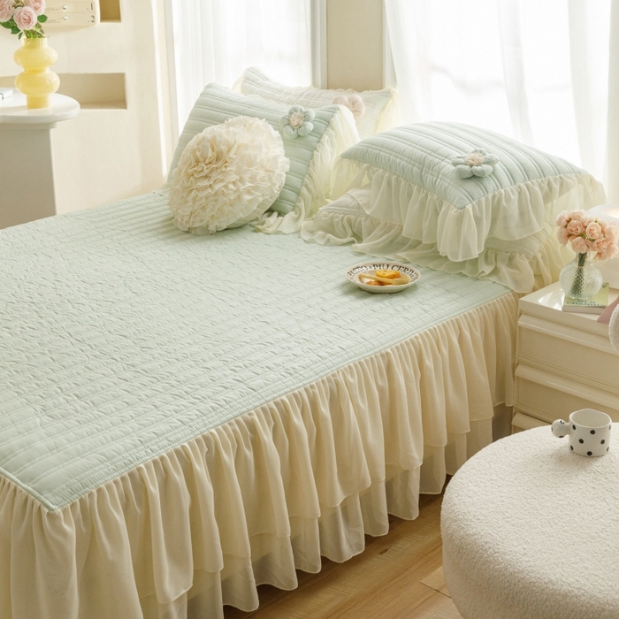 91家纺网 家纺一手货源 找家纺 胜权家纺 2024新款A类水洗60支全棉工艺款夹棉床裙四件套 花儿朵朵-清新绿