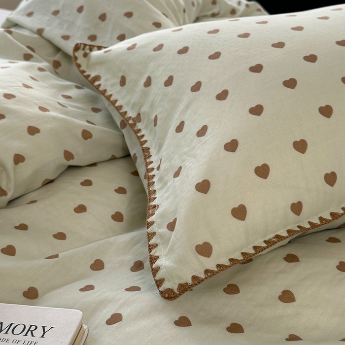 91家纺网 家纺一手货源 找家纺 洋铭区（原狠狠爱） 2024新款全棉双层纱四件套 咖咖爱心