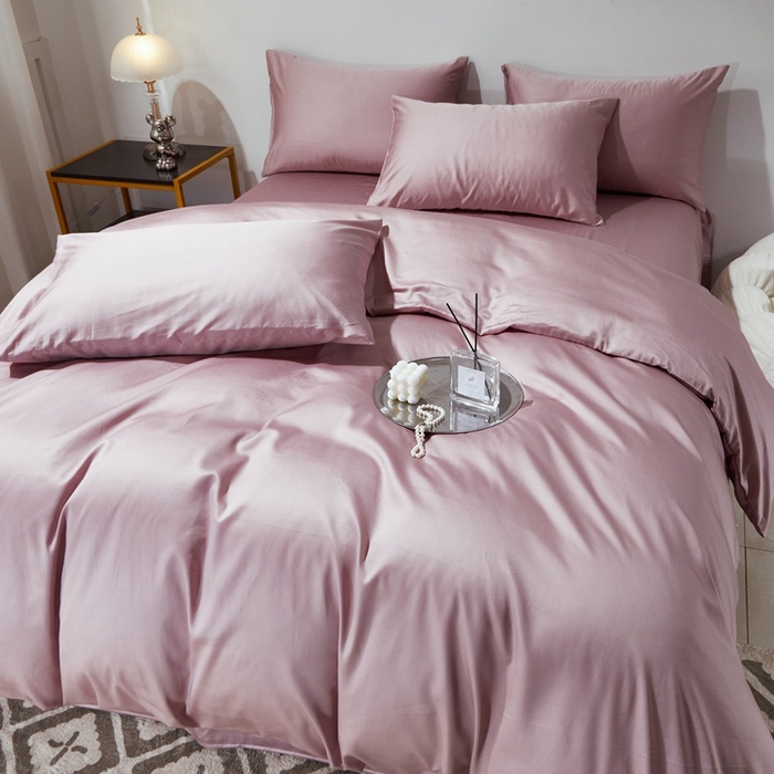 91家纺网 家纺一手货源 找家纺 晶缦家纺 2024新款全棉60支贡缎长绒棉纯色多规格四件套和单品-琅夕系列 四件套 琅夕-粉豆沙