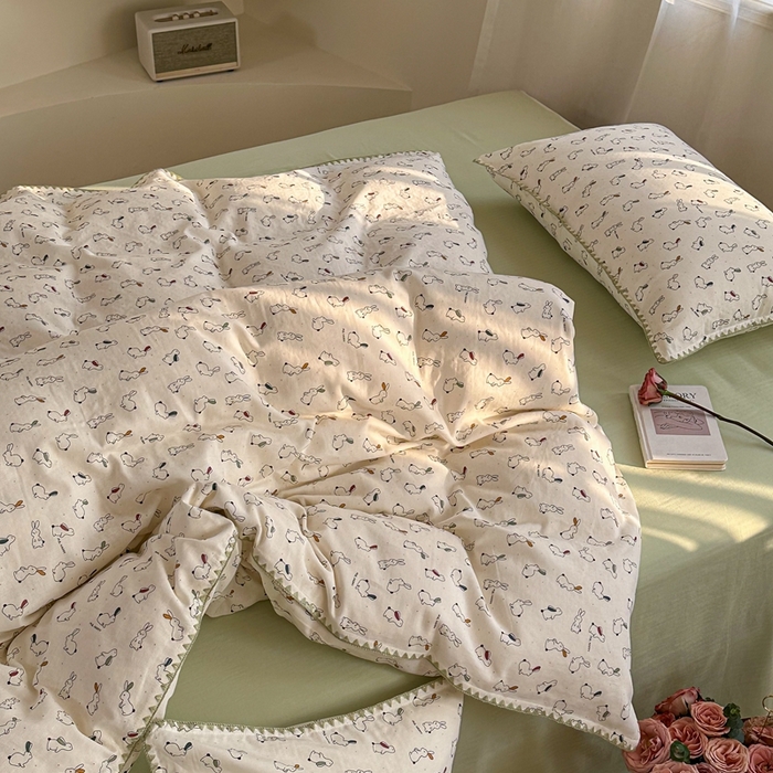 91家纺网 家纺一手货源 找家纺 洋铭区（原狠狠爱） 2024新款全棉双层纱四件套 奔跑小兔