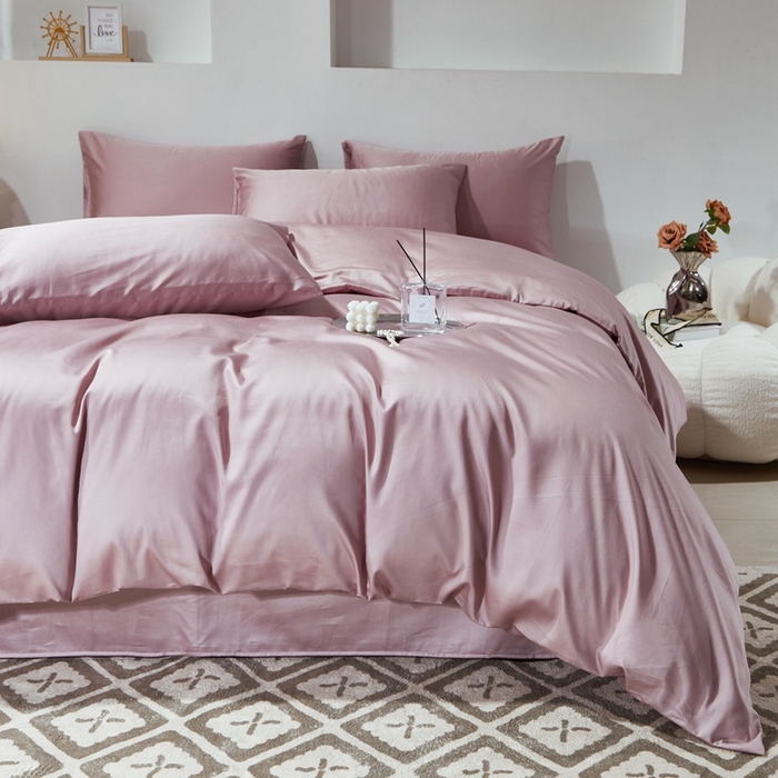 91家纺网 家纺一手货源 找家纺 晶缦家纺 2024新款全棉60支贡缎长绒棉纯色多规格四件套和单品-琅夕系列 单被套 琅夕-粉豆沙