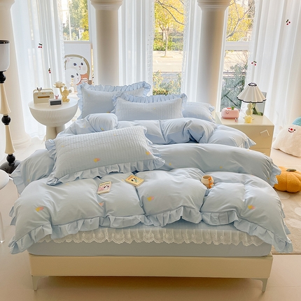 91家纺网 家纺一手货源 找家纺 宜凡家纺 2024新款全棉夹棉绣花花边系列床笠四件套 甜蜜蜜 蓝