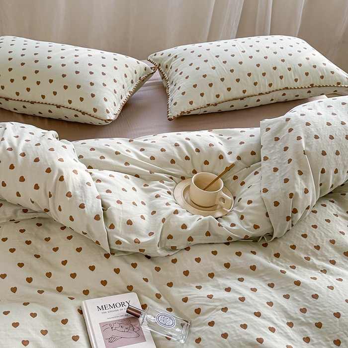 91家纺网 家纺一手货源 找家纺 洋铭区（原狠狠爱） 2024新款全棉双层纱四件套 咖咖爱心