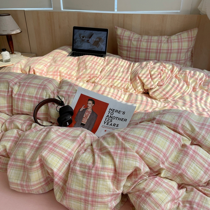 91家纺网 家纺一手货源 找家纺 艾咪 2024新款博主风全棉色织水洗棉四件套 多芙芭蕾粉