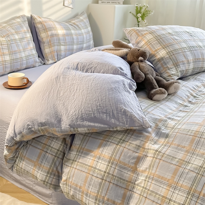 91家纺网 家纺一手货源 找家纺 古吉梦 2024新款水洗棉小清新印花格子系列四件套 G可可紫+浅紫