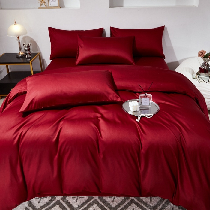 91家纺网 家纺一手货源 找家纺 晶缦家纺 2024新款全棉60支贡缎长绒棉纯色多规格四件套和单品-琅夕系列 单被套 琅夕-酒红色