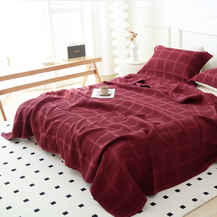 91家纺网 家纺一手货源 找家纺 朴尔家纺 2024新款全棉质朴方格风立体华夫格透气纱布毛巾被 方格华夫格-酒红