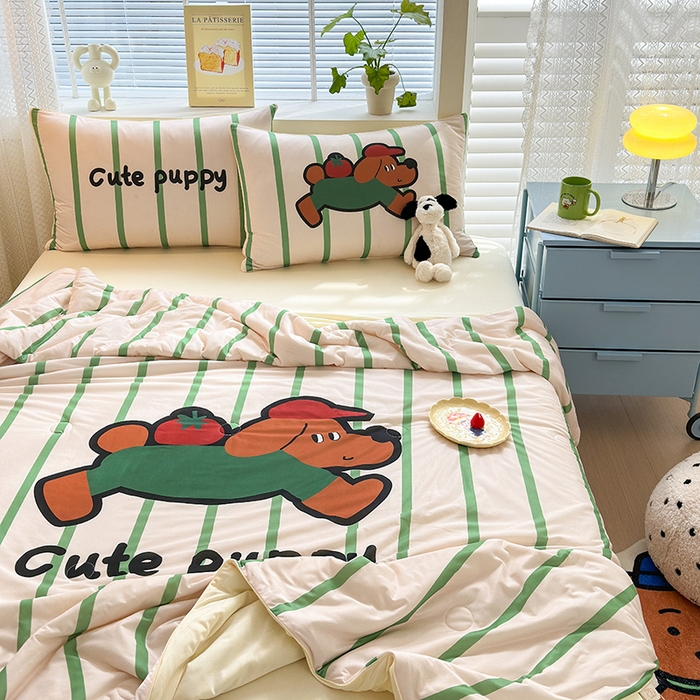 91家纺网 家纺一手货源 找家纺 星期八 2024新款针织棉夏被四件套 番茄狗