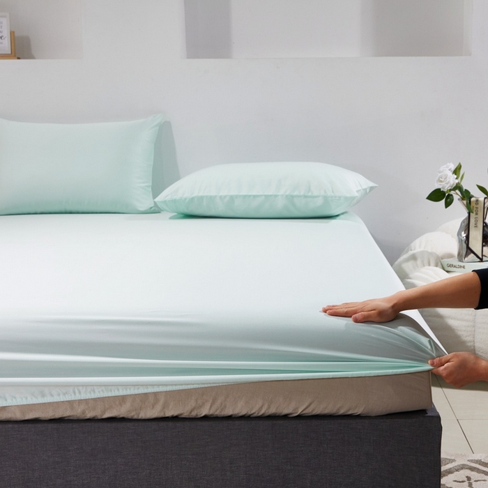 91家纺网 家纺一手货源 找家纺 晶缦家纺 2024新款全棉60支贡缎长绒棉纯色多规格四件套和单品-琅夕系列 单床笠 琅夕-天青绿