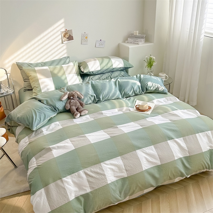 91家纺网 家纺一手货源 找家纺 古吉梦 2024新款水洗棉小清新印花格子系列四件套 G-绿白大格+薄荷绿