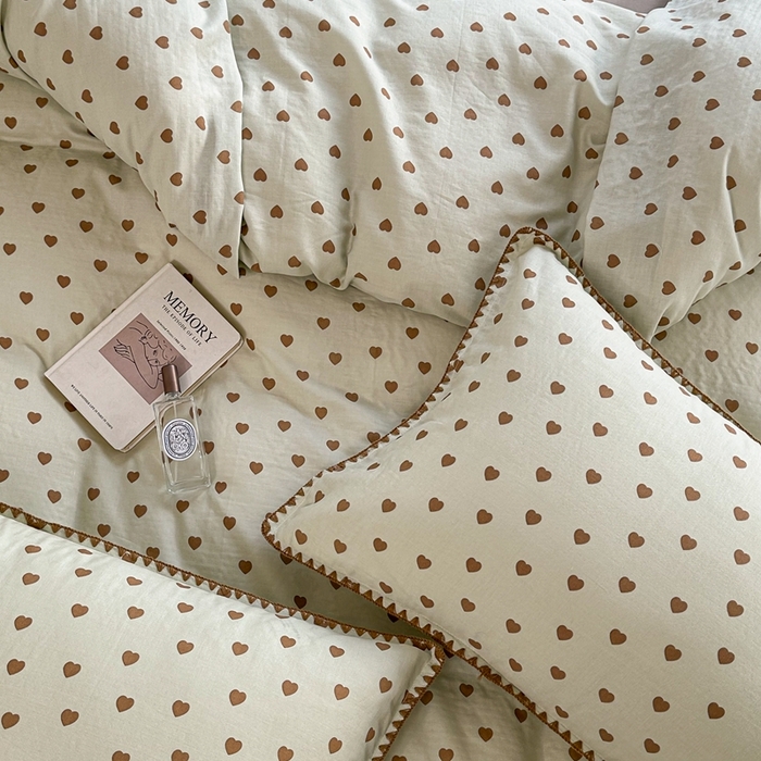 91家纺网 家纺一手货源 找家纺 洋铭区（原狠狠爱） 2024新款全棉双层纱四件套 咖咖爱心