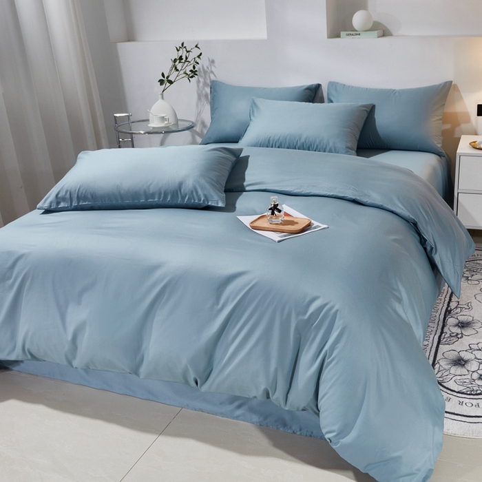 91家纺网 家纺一手货源 找家纺 晶缦家纺 2024新款喷气全棉13376纯棉斜纹纯色多规格四件套和单品-沐色系列 四件套 沐色-雾霾蓝