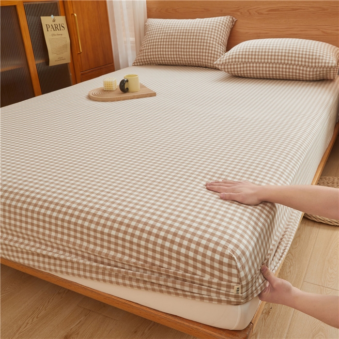 91家纺网 家纺一手货源 找家纺 喜居 2024新款A类色织纯棉水洗棉100%新疆棉全棉床笠 咖小格